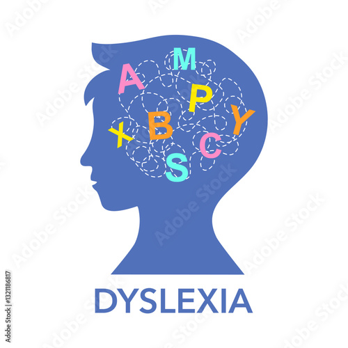 Dyslexia. Boy head with floating tangled letters in his head. Letters mess in brain. Child learning to speak and read correctly.