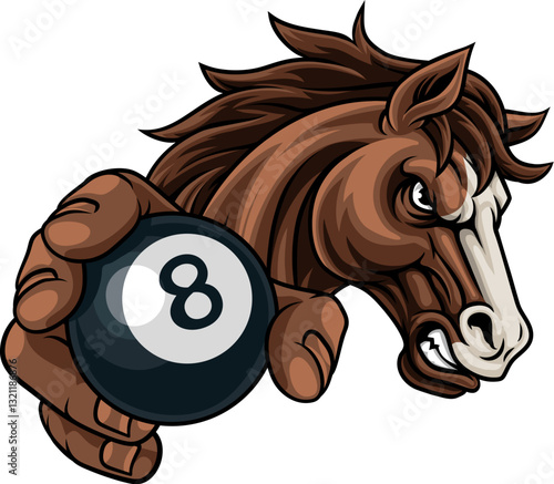Horse mustang bronco stallion angry pool billiards sports team mascot holding a ball.