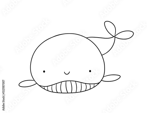 Cute whale, line sea animal doodle illustration for children. Vector nautical drawing for coloring book