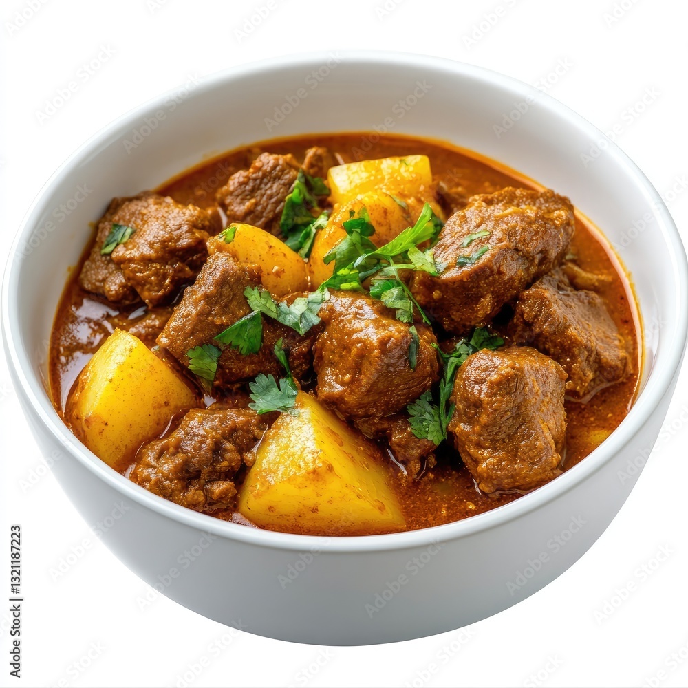 Delicious Spicy Beef Curry with Potatoes Garnished in a White Bowl Delicious Spicy Beef Curry with Potatoes Garnished in a White Bowl