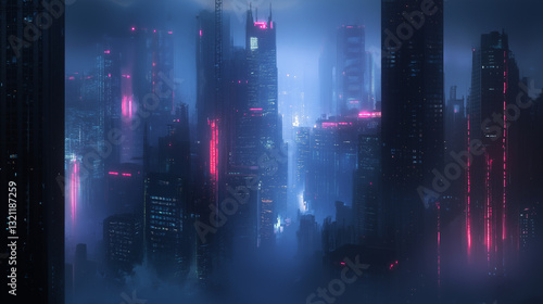 Futuristic cyberpunk city skyline with neon lights and skyscrapers covered in mist, creating a dystopian sci-fi atmosphere
