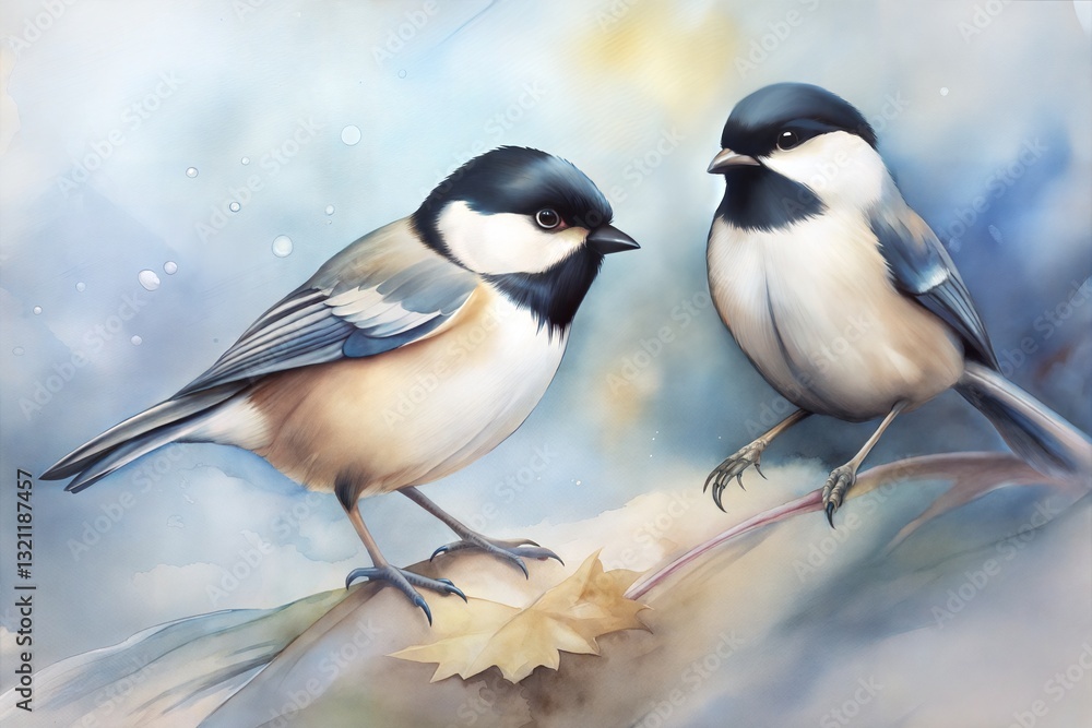 Obraz premium Watercolor black capped chickadee birds painting on white background