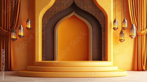 3D Ramadhan podium is inside a decorative Arabic tent Show hanging lanterns and drapes in the background Use mustard yellow, gold, and brown colors Vibrant color