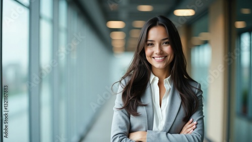 Happy cheerful Latin professional mid aged business woman corporate leader, smiling positive mature female executive manager standing in office arms crossed looking at camera, portrait.