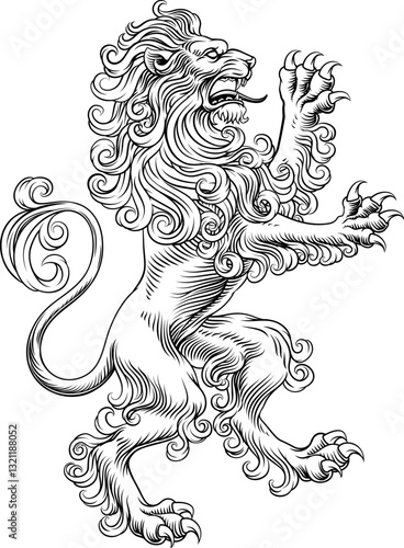 A heraldry coat of arms crest style rearing heraldic lion standing on hind legs in a vintage style