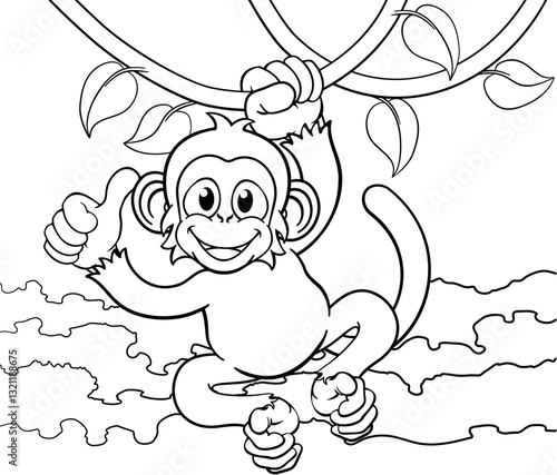 A monkey cartoon character singing on jungle vines and giving a thumbs up