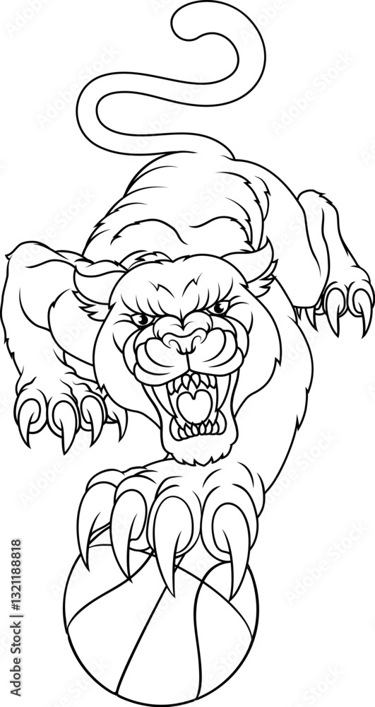 Fototapeta premium Black panther leopard holding a basketball ball with sharp claw sports team mascot design.