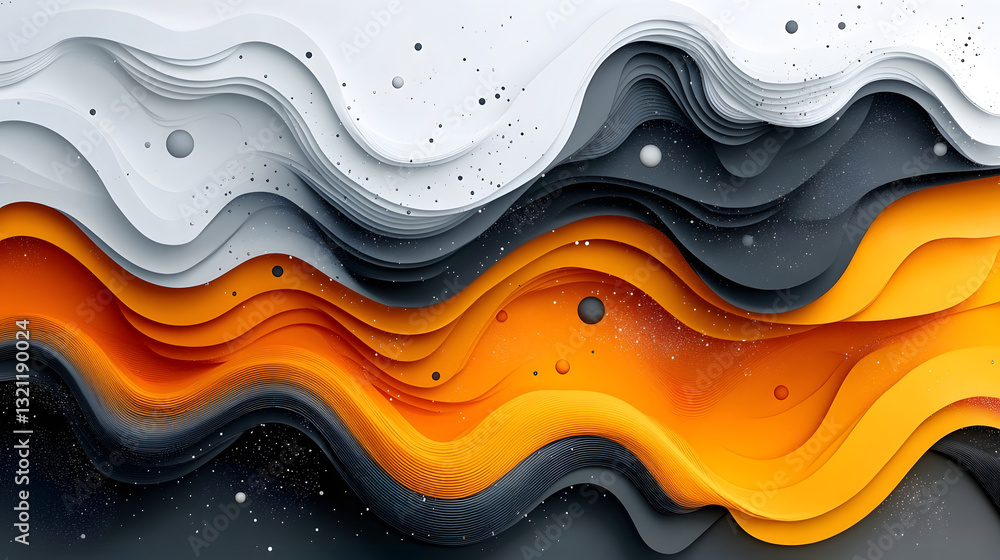 Obraz premium Abstract Orange, Gray, White Waves Flow Dynamically with Floating Spheres