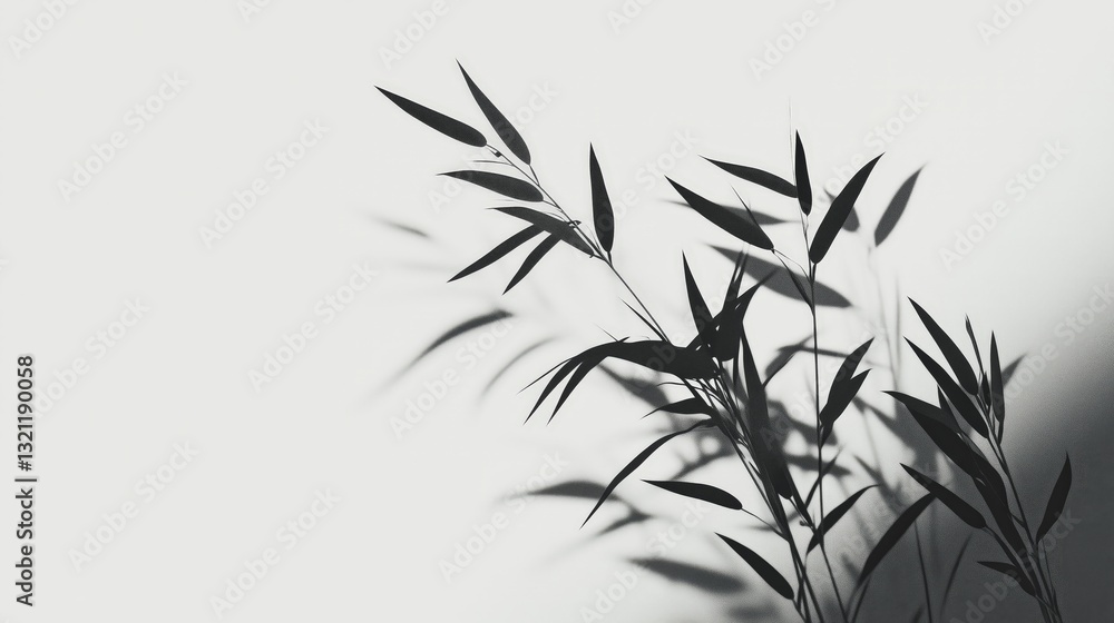 Naklejka premium Silhouette of bamboo leaves against a white wall, showcasing shadow play.