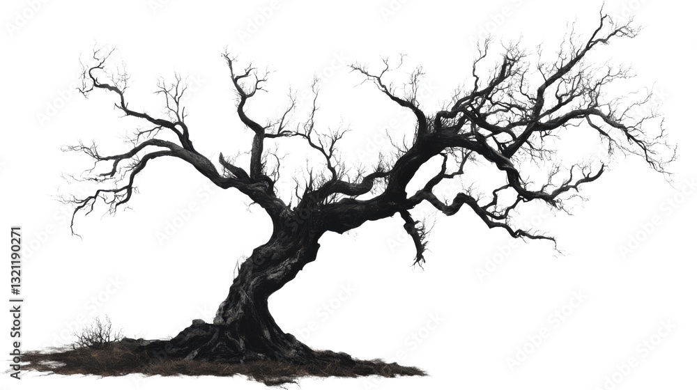 A chilling, desolate tree with thin, brittle branches reaching out as if beckoning, isolated on a transparent PNG for an unsettling look. A chilling, desolate tree with thin, brittle branches reaching out as if beckoning, isolated on a transparent PNG for an unsettling look.