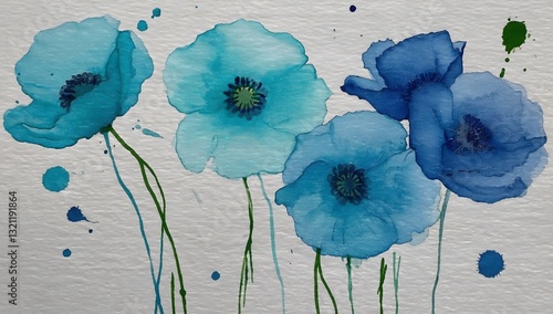 Four abstract poppies rendered in layers of turquoise and navy blue watercolors, with delicate green stems supporting each bloom. The flowers feature a gradient effect from light to dark blue tones wi