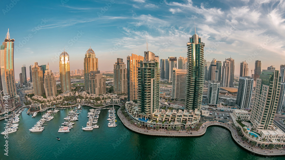 Obraz premium Aerial top view at sunset timelapse of Dubai Marina in Dubai, UAE