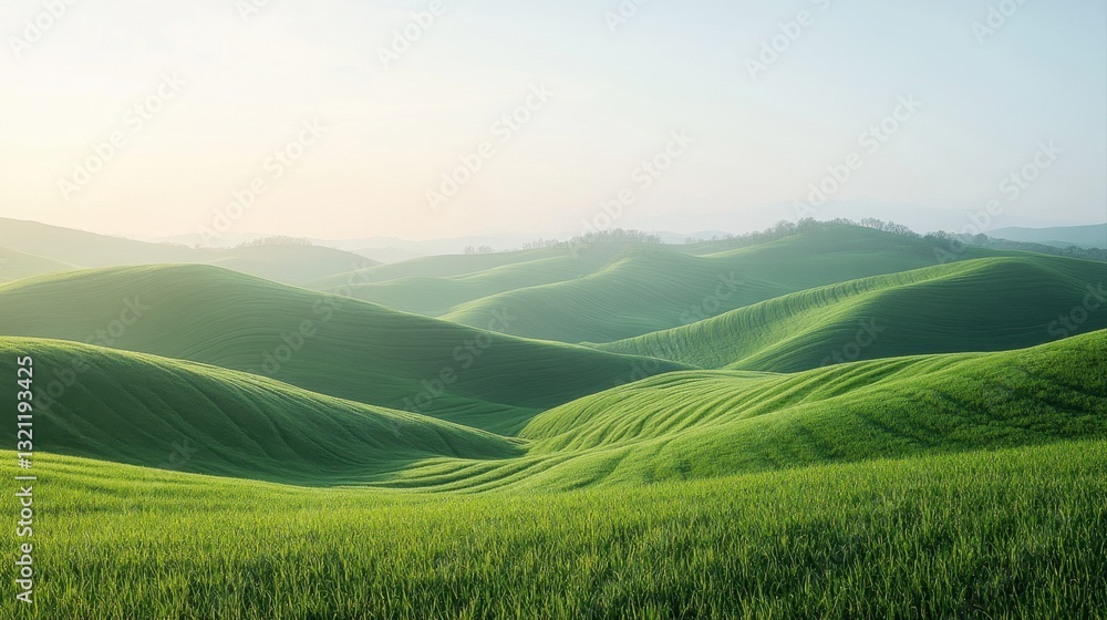 Fototapeta premium Serene Green Rolling Hills Under Soft Morning Light in a Beautiful Natural Landscape