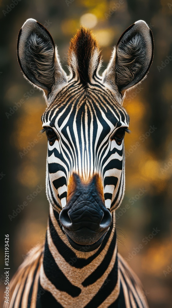 Naklejka premium Close-up view of a zebra in a forest setting during golden hour capturing its striking black and white stripes