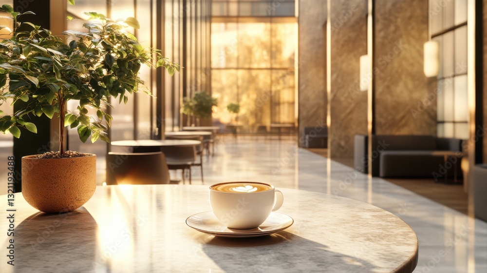 Cozy Coffee Cup on a Marble Table in a Bright Modern Café with Stylish Interior and Green Plant Decoration Cozy Coffee Cup on a Marble Table in a Bright Modern Café with Stylish Interior and Green Plant Decoration