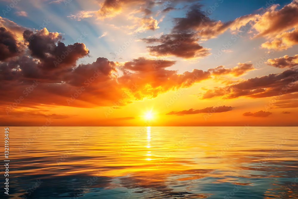 Fototapeta premium Vibrant ocean sunset with golden sky, reflecting waves, scenic seascape, nature background, summer evening tranquility, serene view.