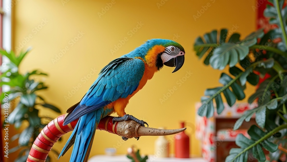 Fototapeta premium Vibrant blue-and-yellow macaw perched in colorful indoor setting with plants