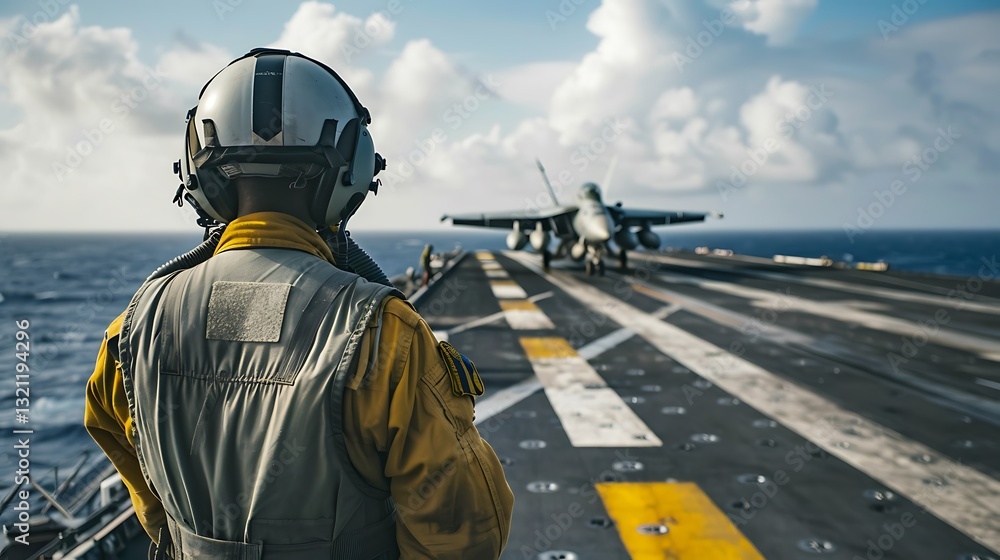 Military Personnel Observing Jet Launch from Aircraft Carrier Deck in Dynamic Ocean Environment Military Personnel Observing Jet Launch from Aircraft Carrier Deck in Dynamic Ocean Environment