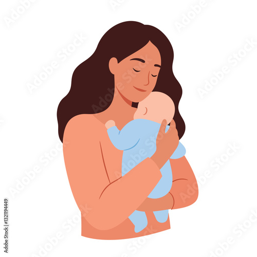 Mother holding baby with love in minimal flat design vector art