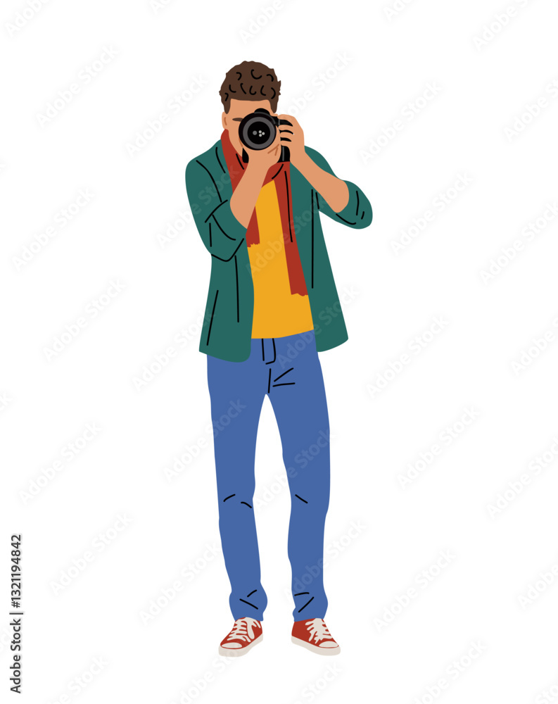 Young man photographer standing with camera, taking photo. Colorful flat vector illustration isolated on transparent background Young man photographer standing with camera, taking photo. Colorful flat vector illustration isolated on transparent background