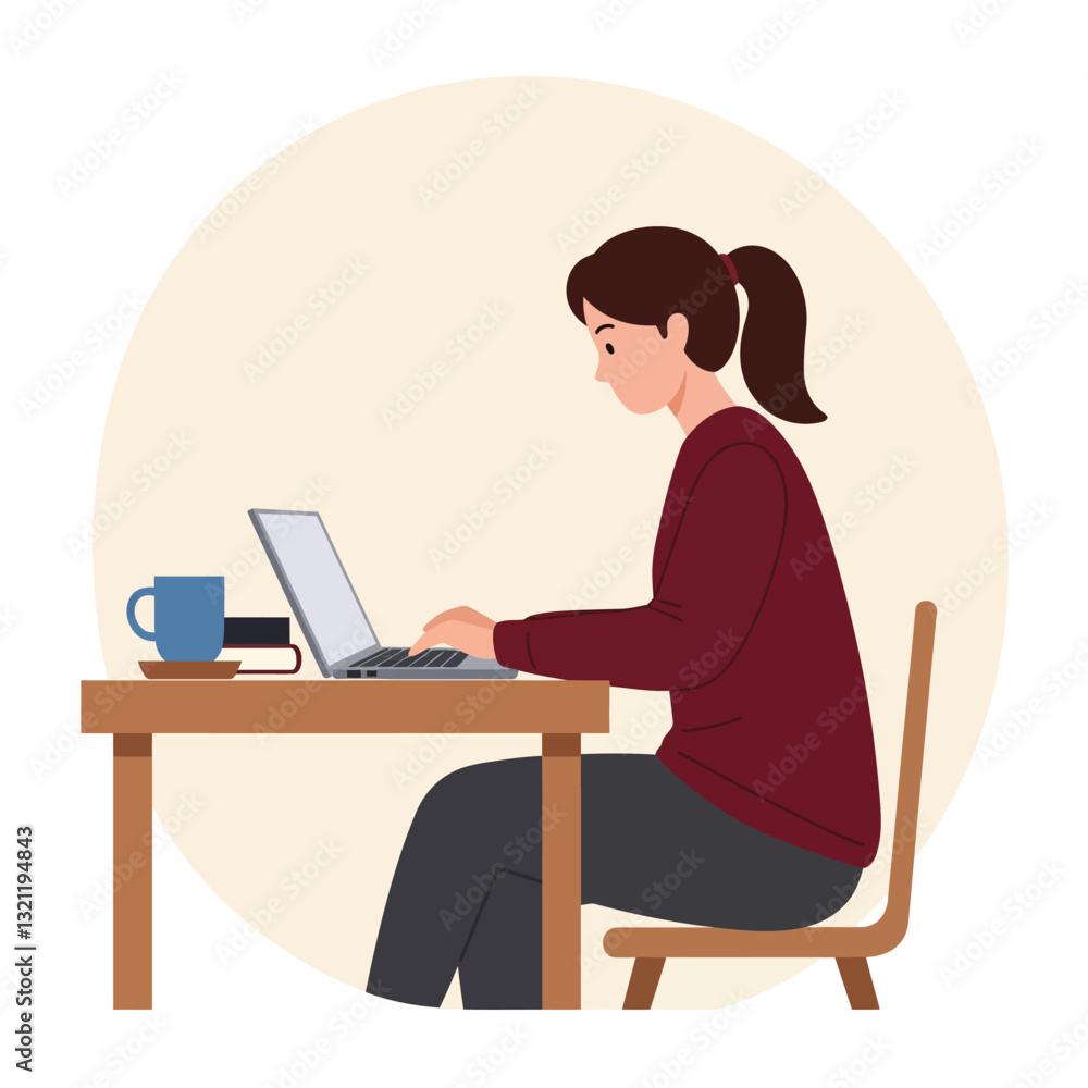 Woman working at a desk with laptop in flat vector illustration Woman working at a desk with laptop in flat vector illustration
