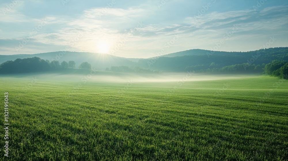 Naklejka premium Serene Landscape of Rolling Hills Surrounded by Lush Green Fields and Soft Morning Fog Under a Bright Sky
