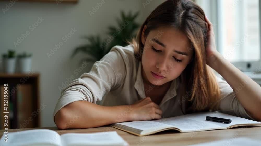Student frustrated while studying at home in a cozy environment Student frustrated while studying at home in a cozy environment