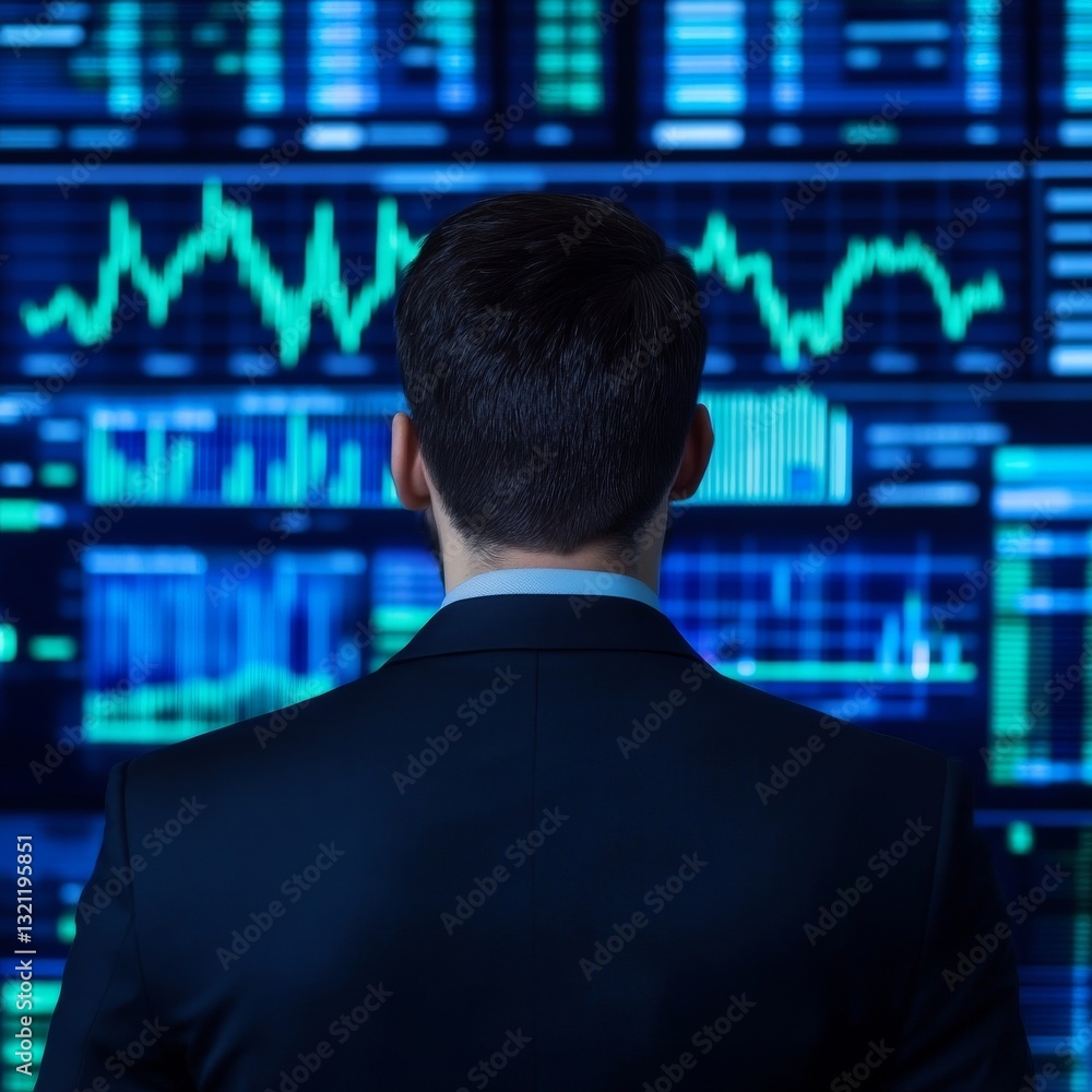 Futuristic businessman analyzing holographic financial charts, cyberpunk style, high-tech economy concept Futuristic businessman analyzing holographic financial charts, cyberpunk style, high-tech economy concept