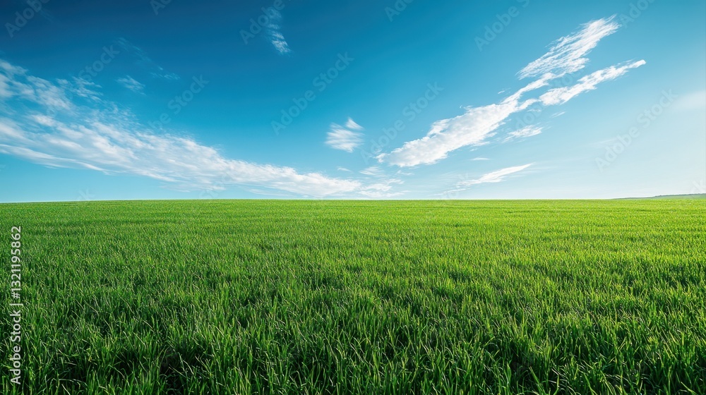 Fototapeta premium Lush Green Grass Field Under Bright Blue Sky with White Clouds in a Serene Landscape Setting
