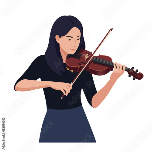 Woman playing violin with focused expression in flat vector art