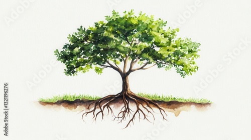 A Watercolor Painting of a Majestic Tree with Exposed Roots: Symbol of Growth, Stability, and Nature's Resilience