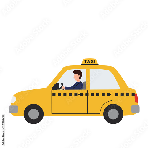 Yellow taxi cab driving with passenger in flat vector illustration style