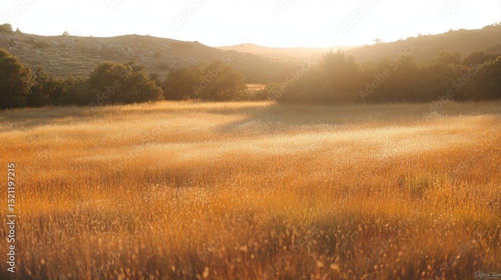 Fototapeta premium Golden Field Under Sunset Light with Gentle Hills in Background and Lush Greenery in the Distance