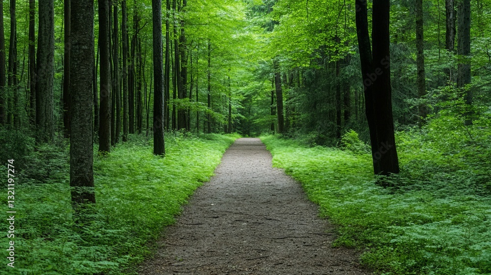 Fototapeta premium Serene Forest Path - Tranquil pathway winding through a lush green forest, sunlight dappling through leaves. Peaceful nature scene