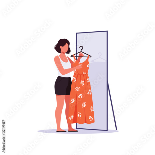 Woman Trying on a Floral Dress in Front of a Mirror Flat Vector Illustration