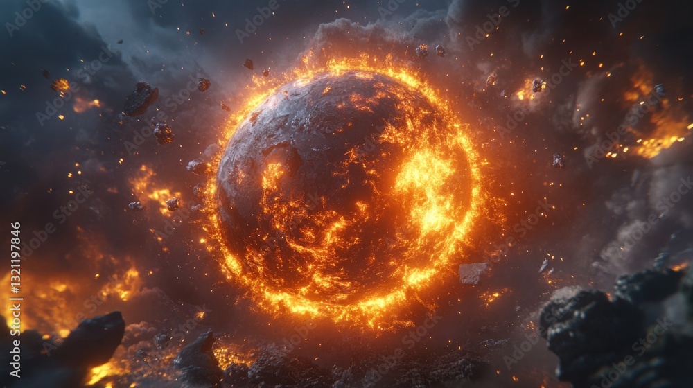 Earth surrounded by a fiery aura as it breaks into fragments Earth surrounded by a fiery aura as it breaks into fragments