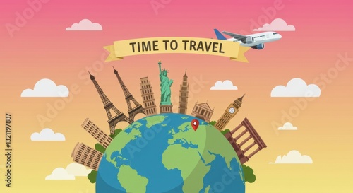 Colorful illustration depicting famous landmarks around a globe with an airplane flying overhead