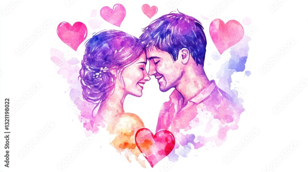 Romantic Watercolor Painting of a Couple in Love, Embracing Gently with Hearts Surrounding Them Romantic Watercolor Painting of a Couple in Love, Embracing Gently with Hearts Surrounding Them
