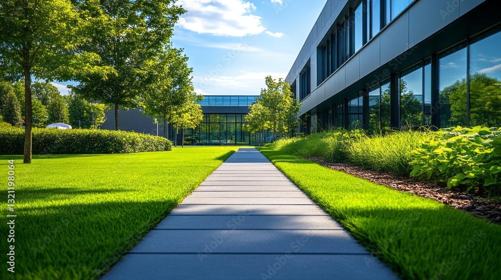 Naklejka premium A well-paved walkway meanders through verdant grass and manicured shrubs, guiding the eye toward a sleek modern structure under the brilliance of midday sunlight
