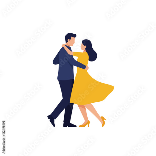 Dancing couple in elegant attire performing graceful movements in flat vector art