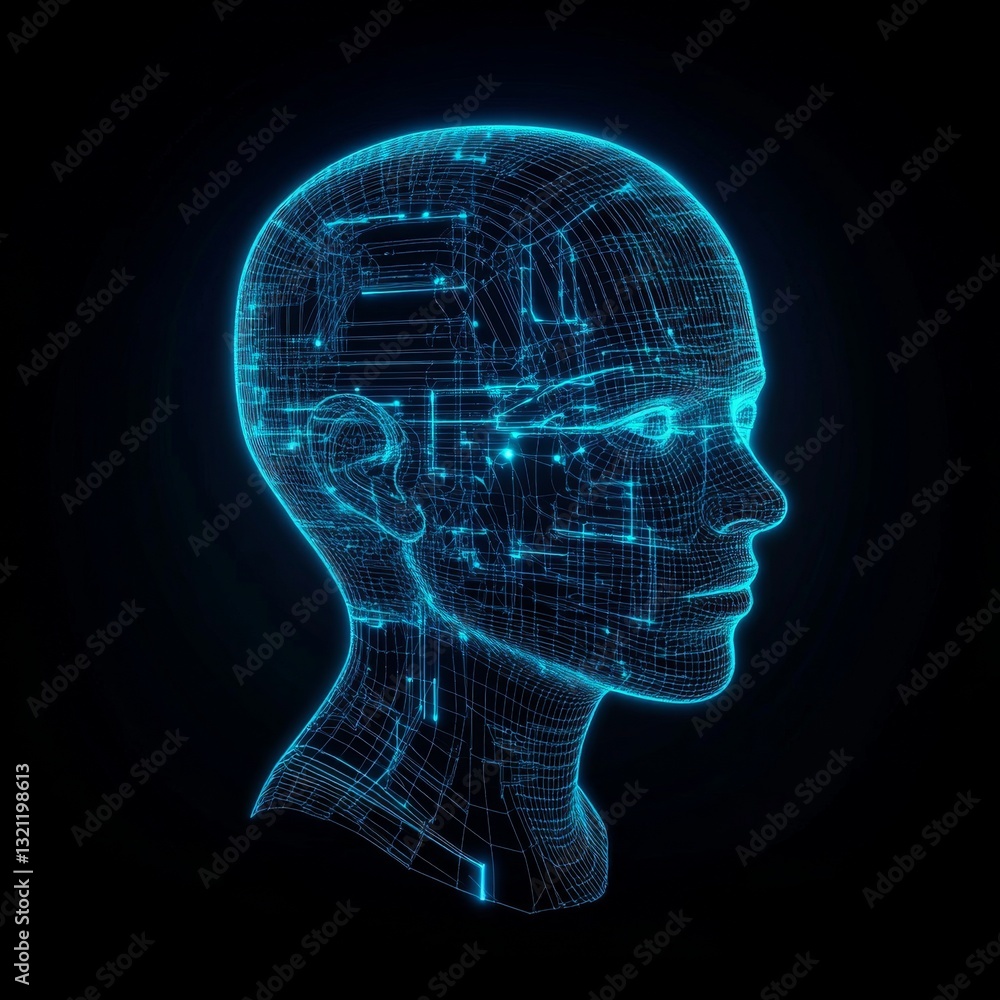Glowing neon wireframe of a human head, ultra-detailed futuristic abstraction Glowing neon wireframe of a human head, ultra-detailed futuristic abstraction