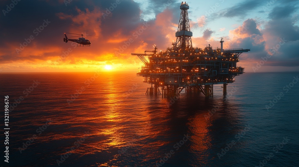 An offshore oil rig stands tall in the ocean, illuminated by the glowing sunset. An offshore oil rig stands tall in the ocean, illuminated by the glowing sunset.