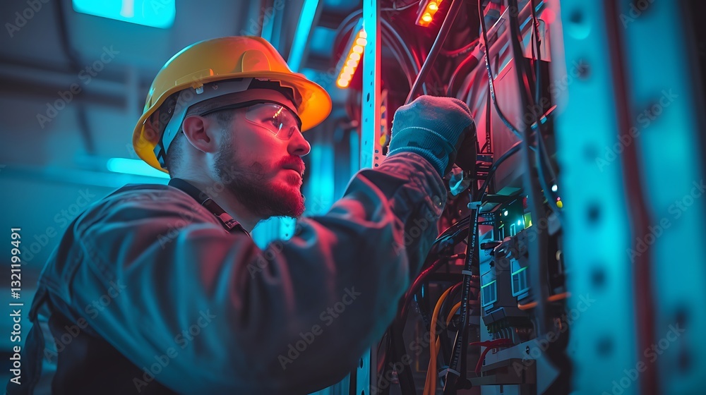 Technician Working on Electrical Equipment in Modern Server Room with Bright LED Lights and Safety Gear Technician Working on Electrical Equipment in Modern Server Room with Bright LED Lights and Safety Gear