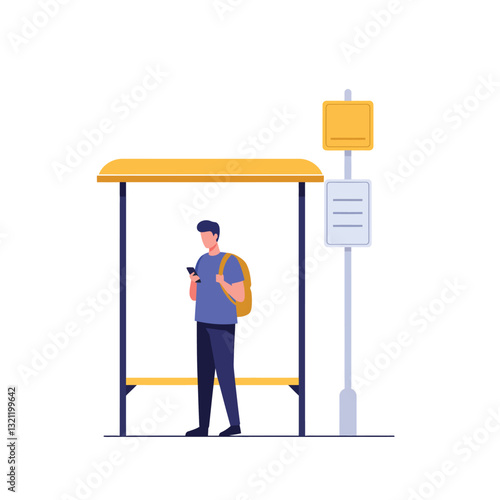 Person waiting at bus stop in flat minimal style vector illustration