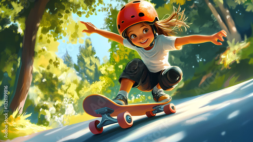 Joyful child in helmet skateboarding downhill in a sunny park, surrounded by lush greenery