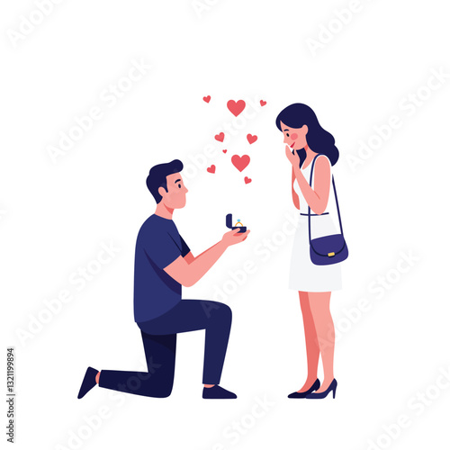 Romantic engagement scene with man proposing to woman in flat vector illustration
