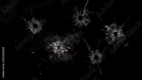 illustration of the effect of glass with holes due to being shot by several bullets on a black background