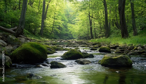 Sunlight streams through lush forest over a babbling brook