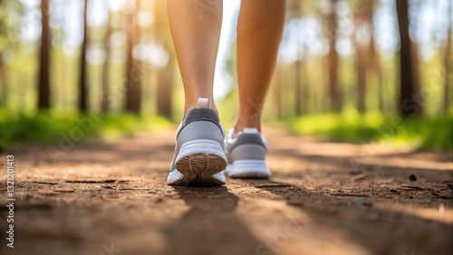 Close-up of a person walking on a forest trail with focus on running shoes, an active lifestyle, fitness, and outdoor nature activity.