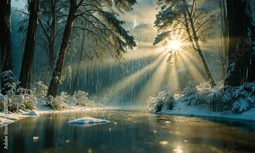 Wallpaper Mural Enchanting Sunlight Through Winter Forest with Stream Reflection and Snow Details Torontodigital.ca